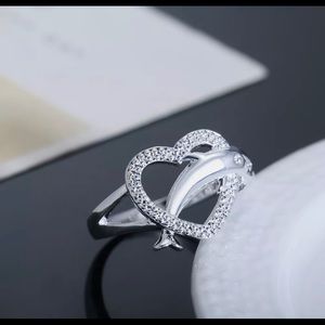 925 Silver Diving Dolphin Love Bling Heart Ring Size 6